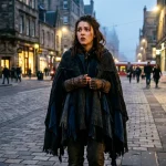A conceptual illustration of Vin from Mistborn wearing her mistcloak